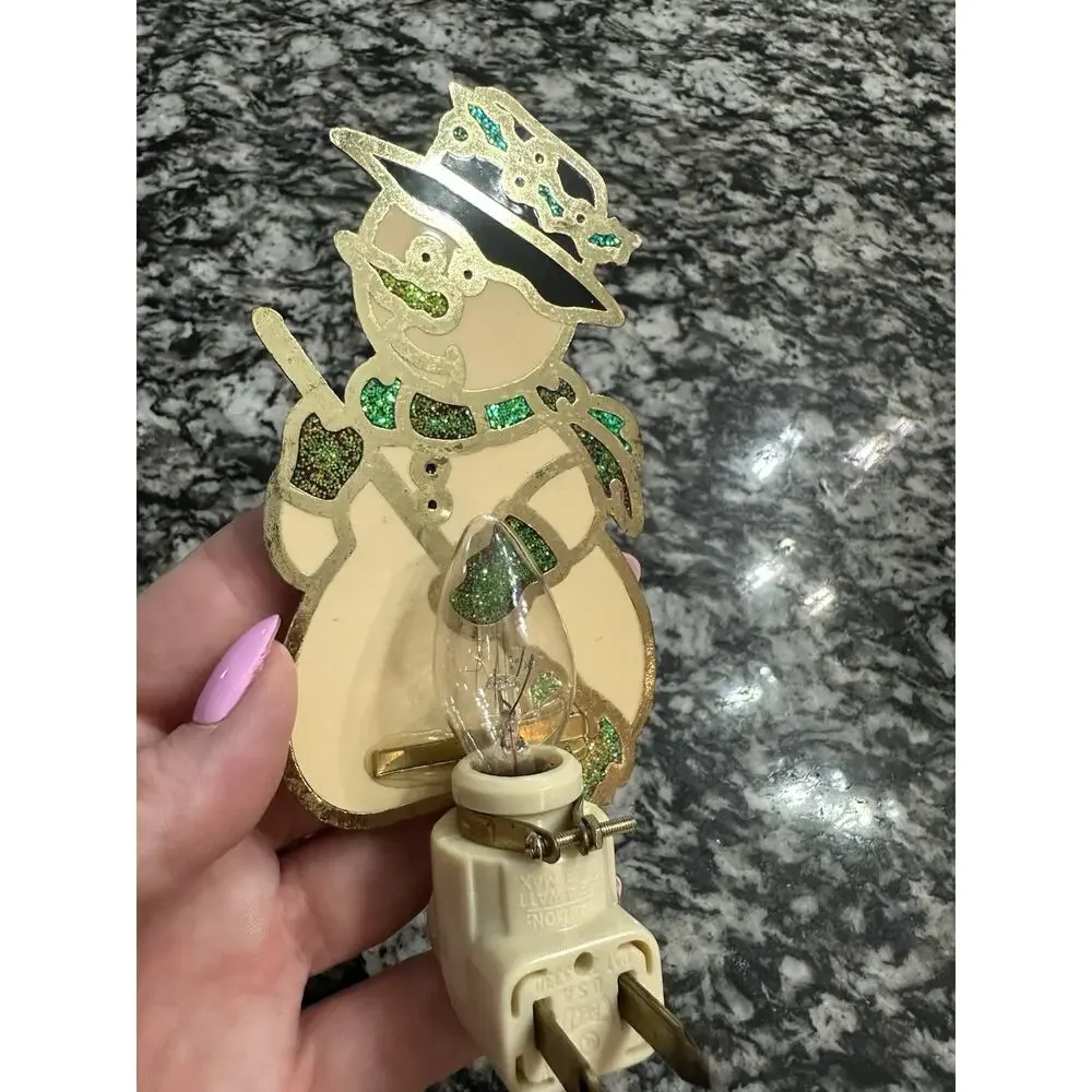 Vtg Night Light Christmas Snowman Stained Glass Like Flip Switch 5” Holiday
